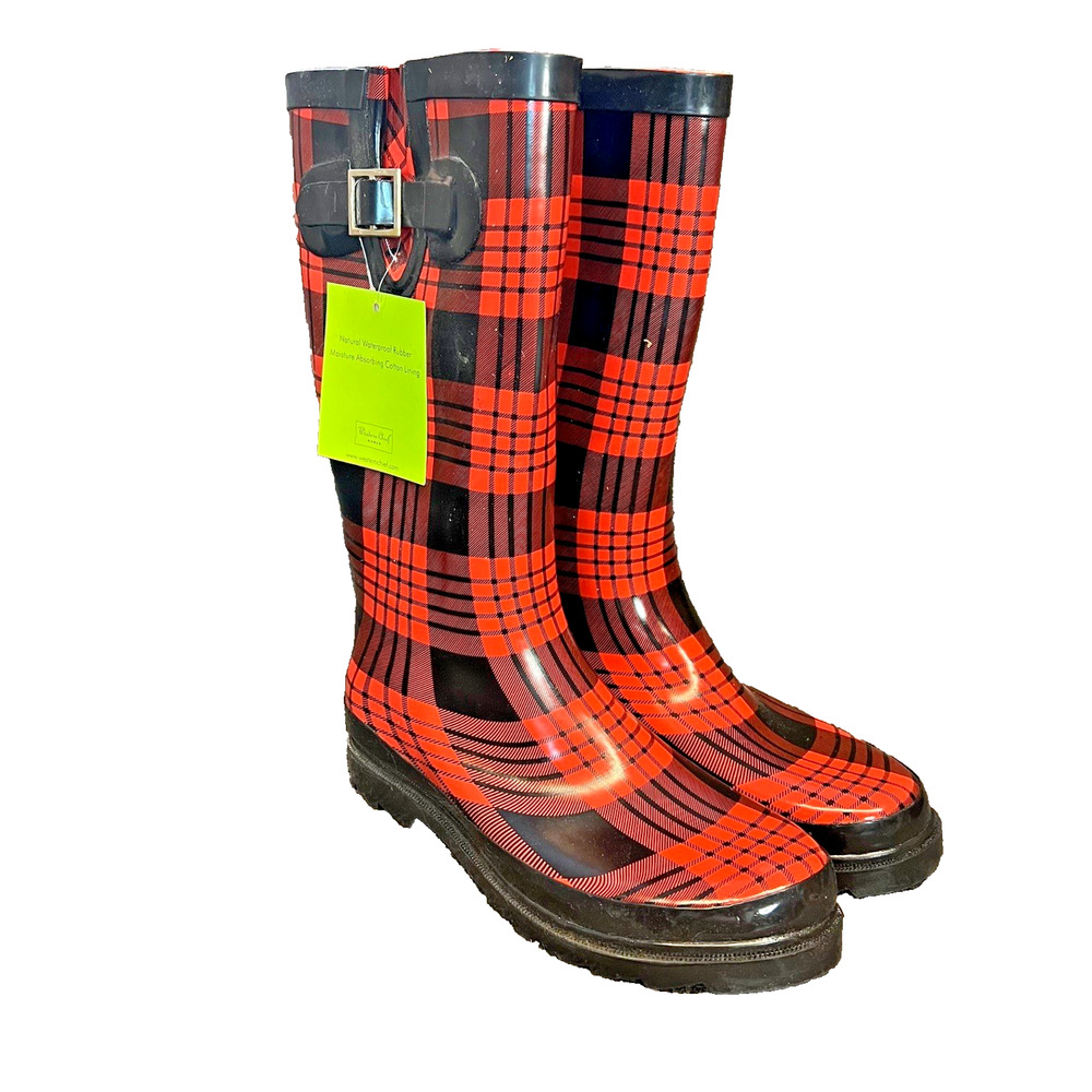 Western Chief New Jack Plaid Rubber Boots Womens 8 Red Rainproof Farmhouse Cozy